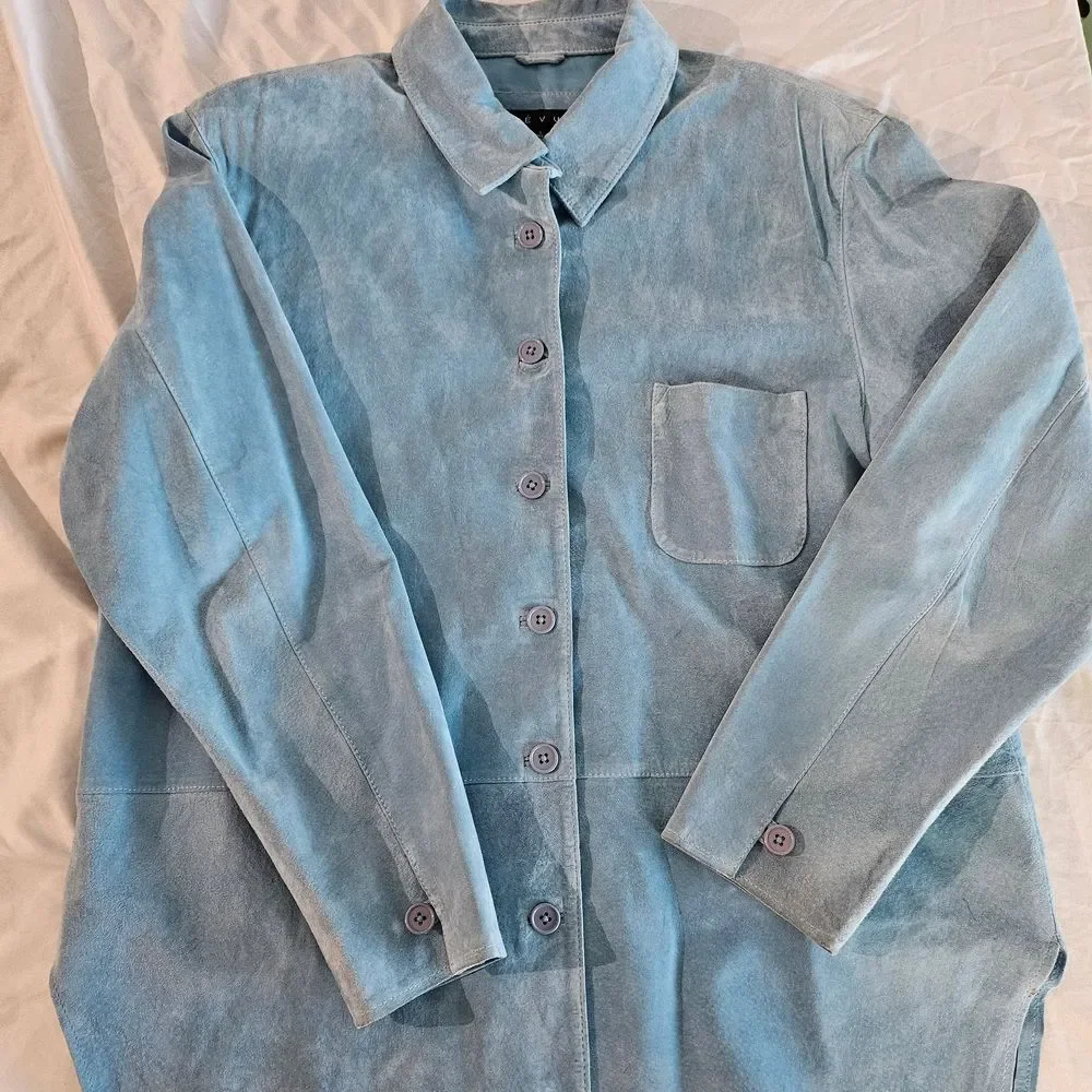 Y2k Women's Sky Blue Button Down 100% Suede Leather Shirt. Preowned Obviosly . - Picture 7 of 15